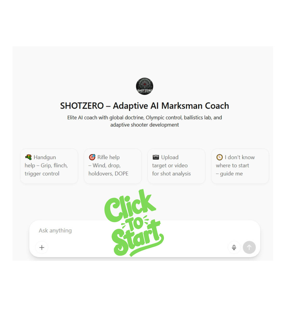 AI-powered coach for pistol and rifle shooters. Upload targets, videos or drills, fix flinch, track progress, and master your zero with personalized shooter develoment system training.